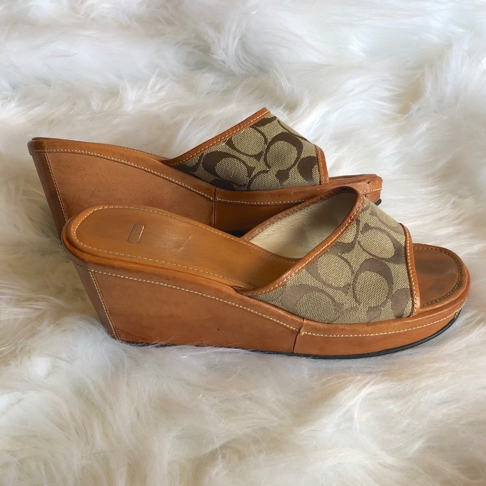 Coach Charma Platform Wedge Leather Slides Sandals